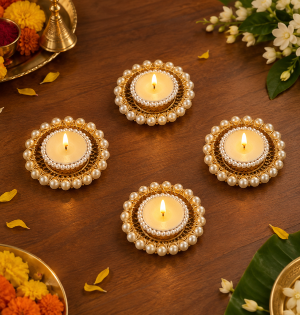Agantuk Pearl Embellished Golden Diya Tealight Holders for Diwali Decor (Set of 2)