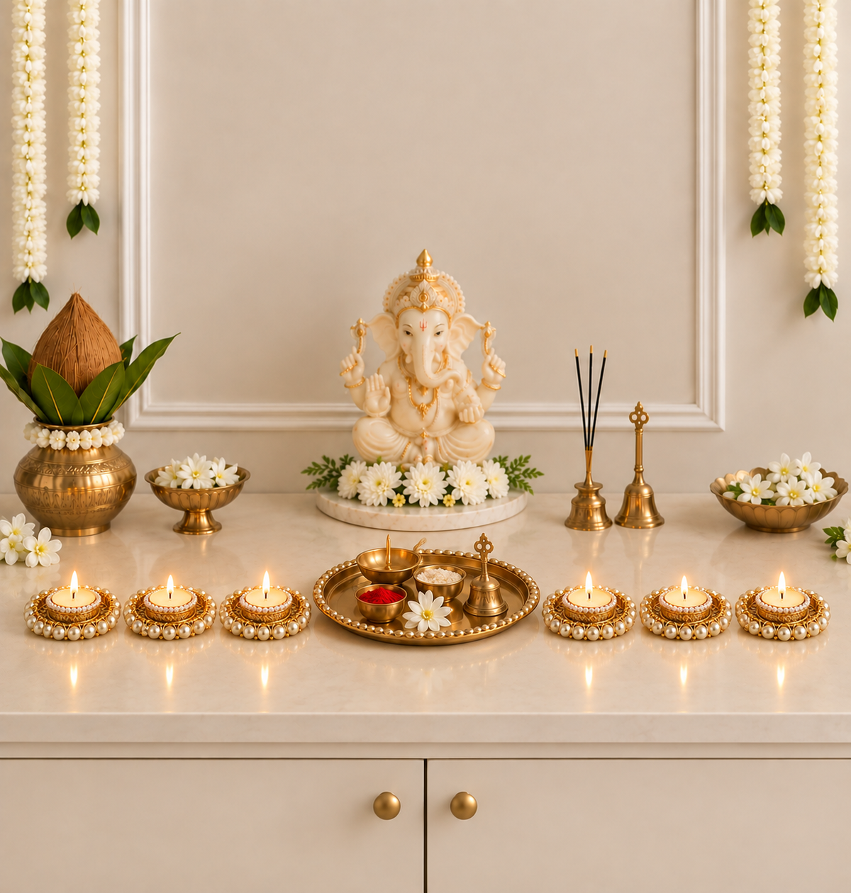 Agantuk Pearl Embellished Golden Diya Tealight Holders for Diwali Decor (Set of 2)