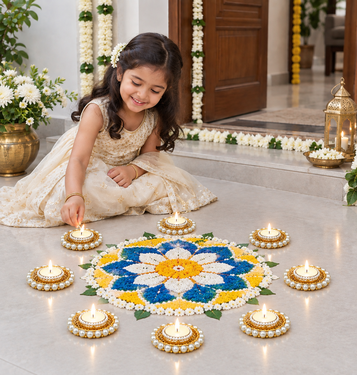 Agantuk Pearl Embellished Golden Diya Tealight Holders for Diwali Decor (Set of 2)