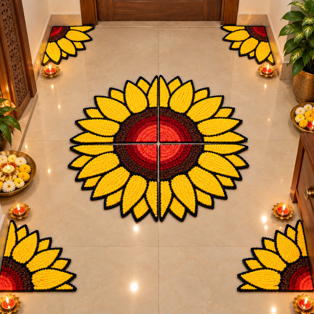 Agantuk Handcrafted 4-Piece Wool Rexin Flower Rangoli