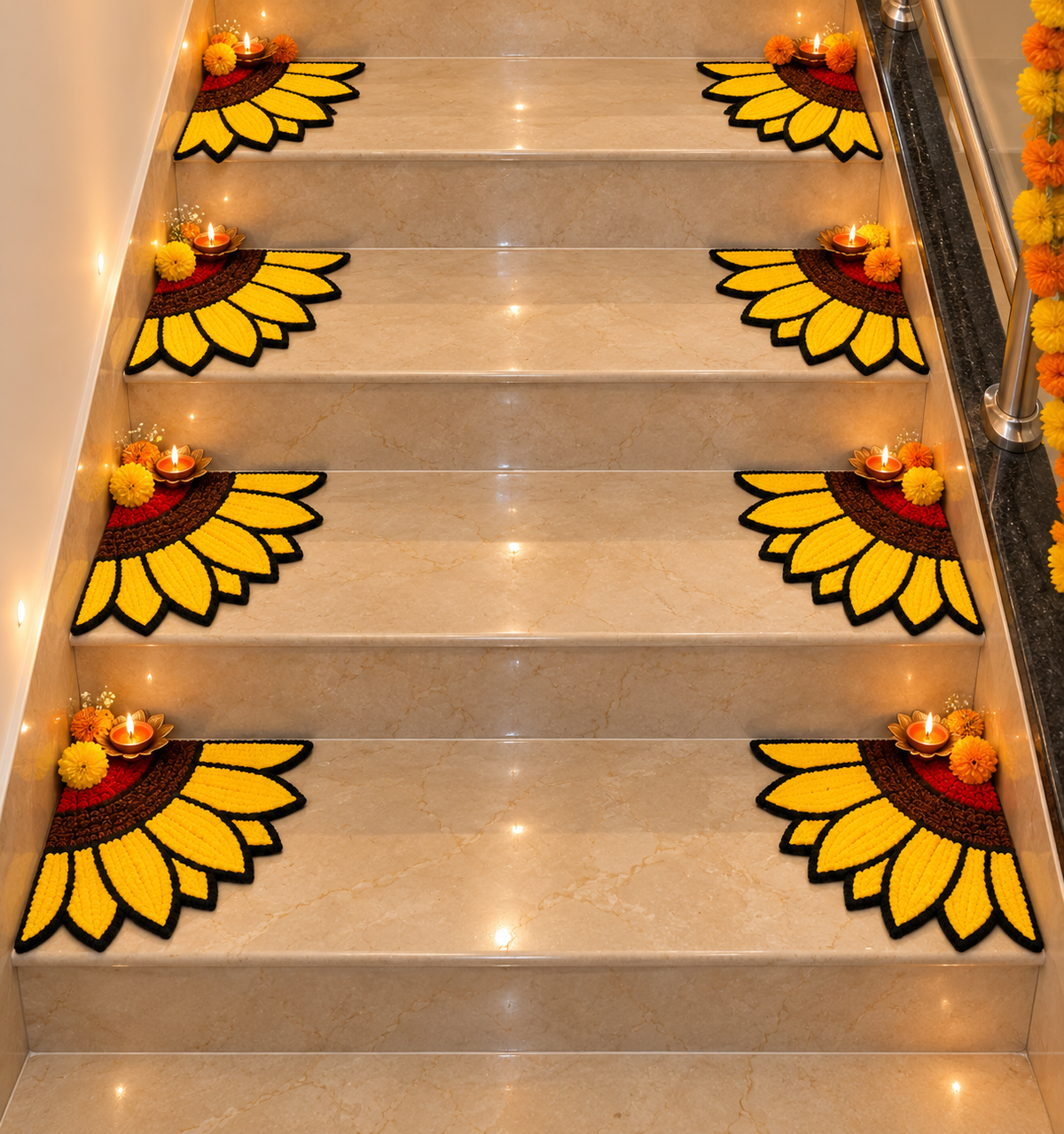 Agantuk Handcrafted 4-Piece Wool Rexin Flower Rangoli