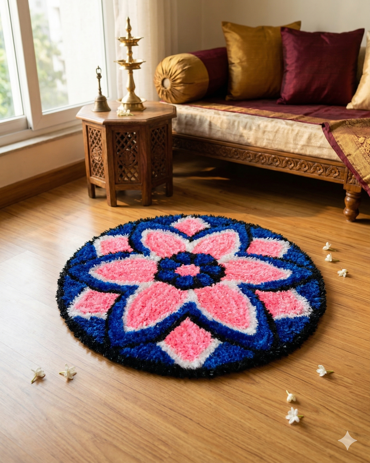 AGANTUK Handcrafted Woolen Rangoli Mat – Flower Design