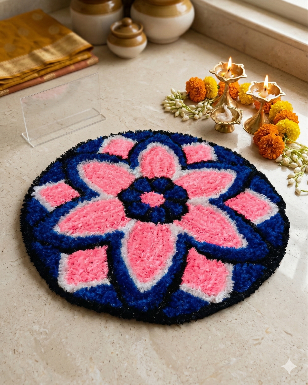 AGANTUK Handcrafted Woolen Rangoli Mat – Flower Design