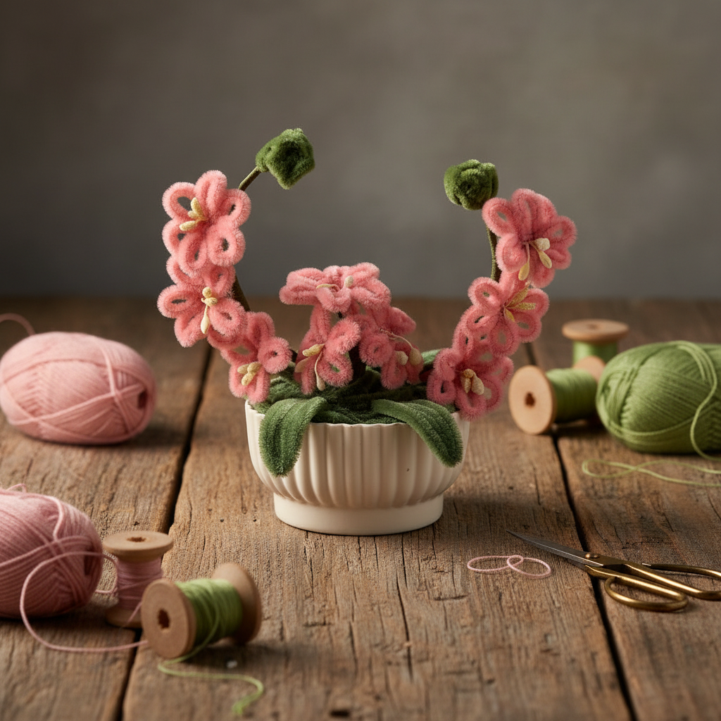 AGANTUK Handmade Pipe Cleaner Pink Lily Flower Pot for Home Decor